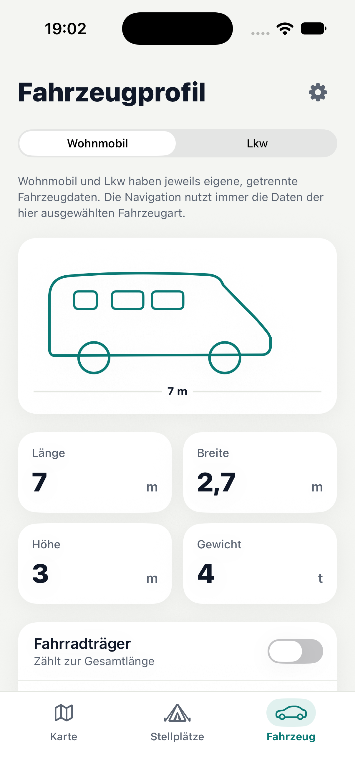 ViaMagna Fahrzeugprofil-Ansicht mit Wohnmobil-Illustration und Maßeingabe