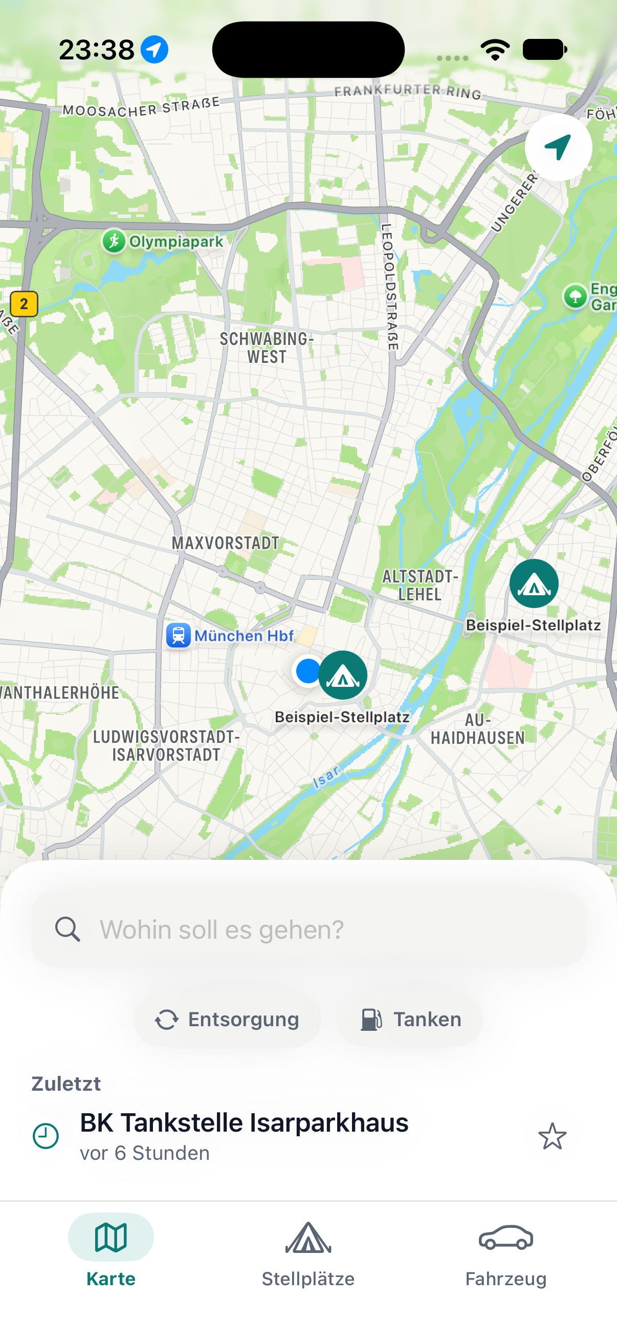 ViaMagna Kartenansicht mit zentriertem Standort und Ziel-Suche